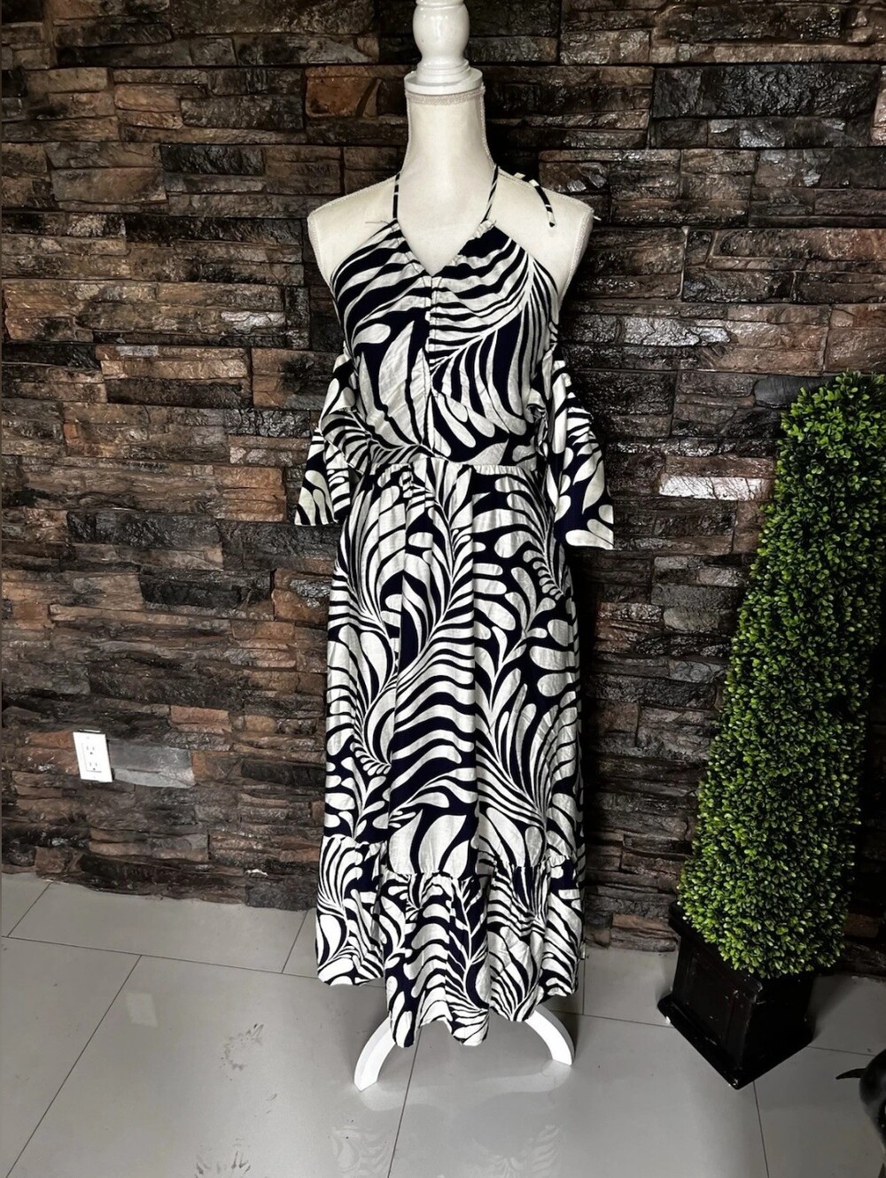 Cold-Shoulder Navy and White Maxi Dress